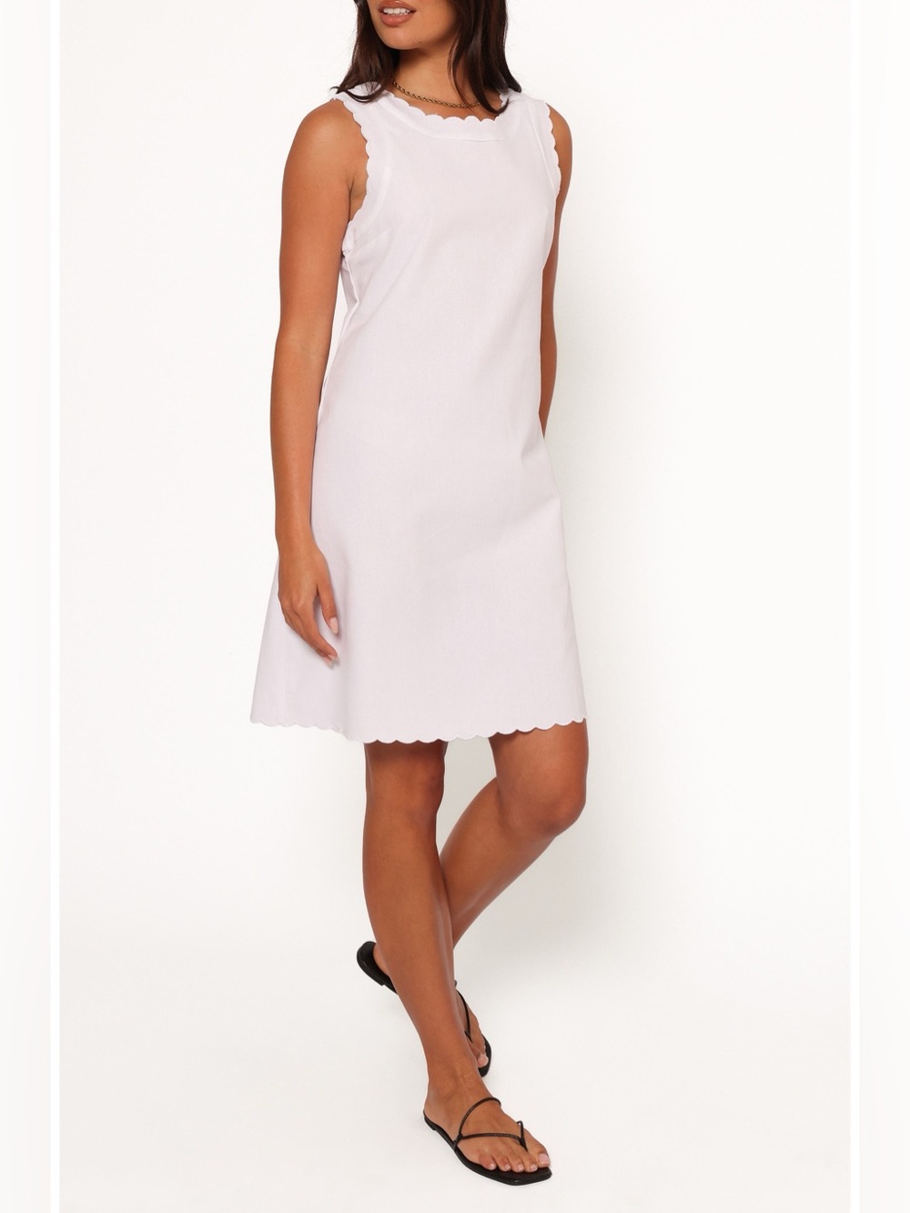 Scalloped Sleeveless Linen & Cotton Shift Dress